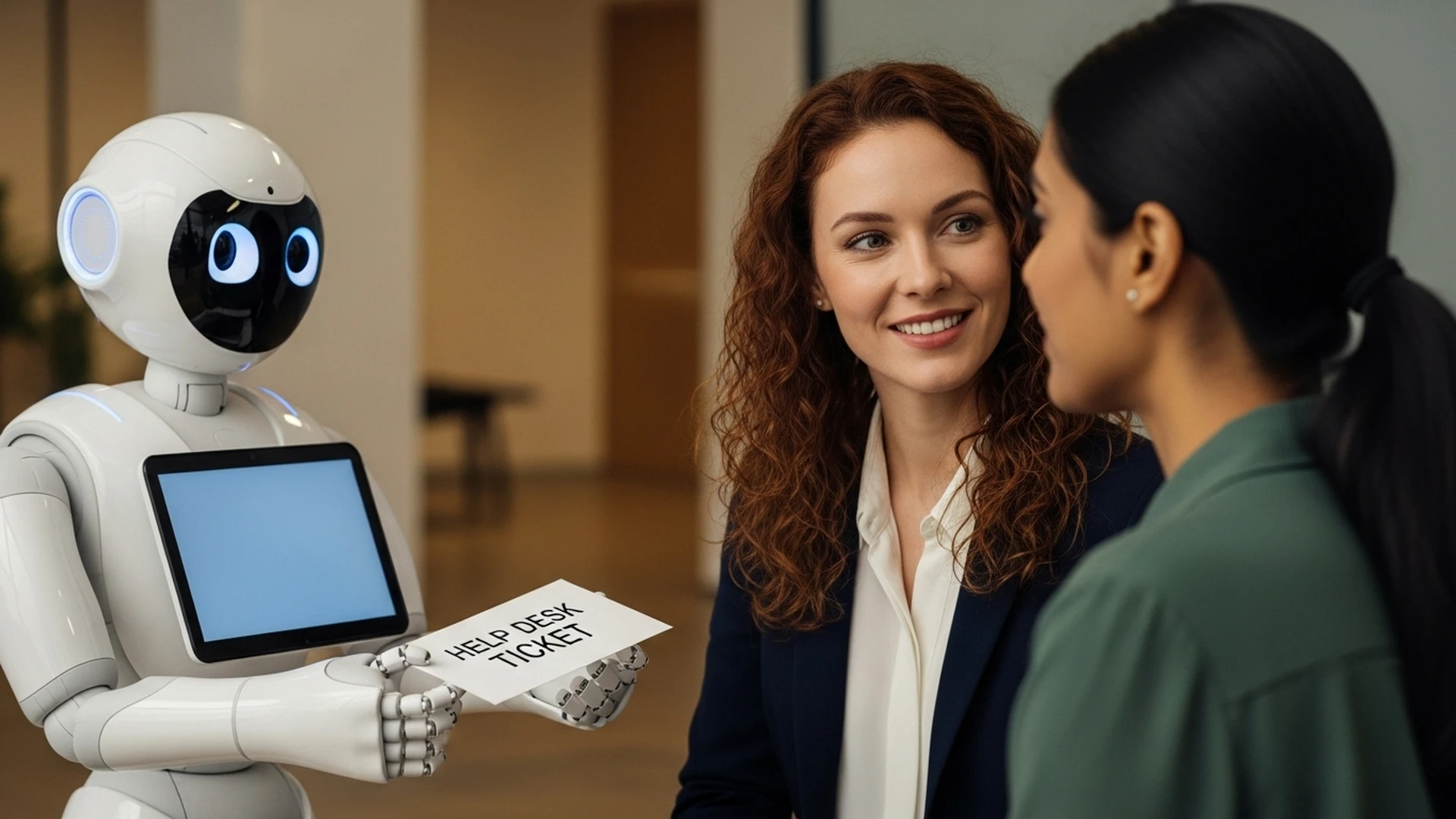 Um chatbot amigável entregando uma tarefa simples para um atendente humano, que pode então focar em uma conversa mais complexa e empática com um cliente.