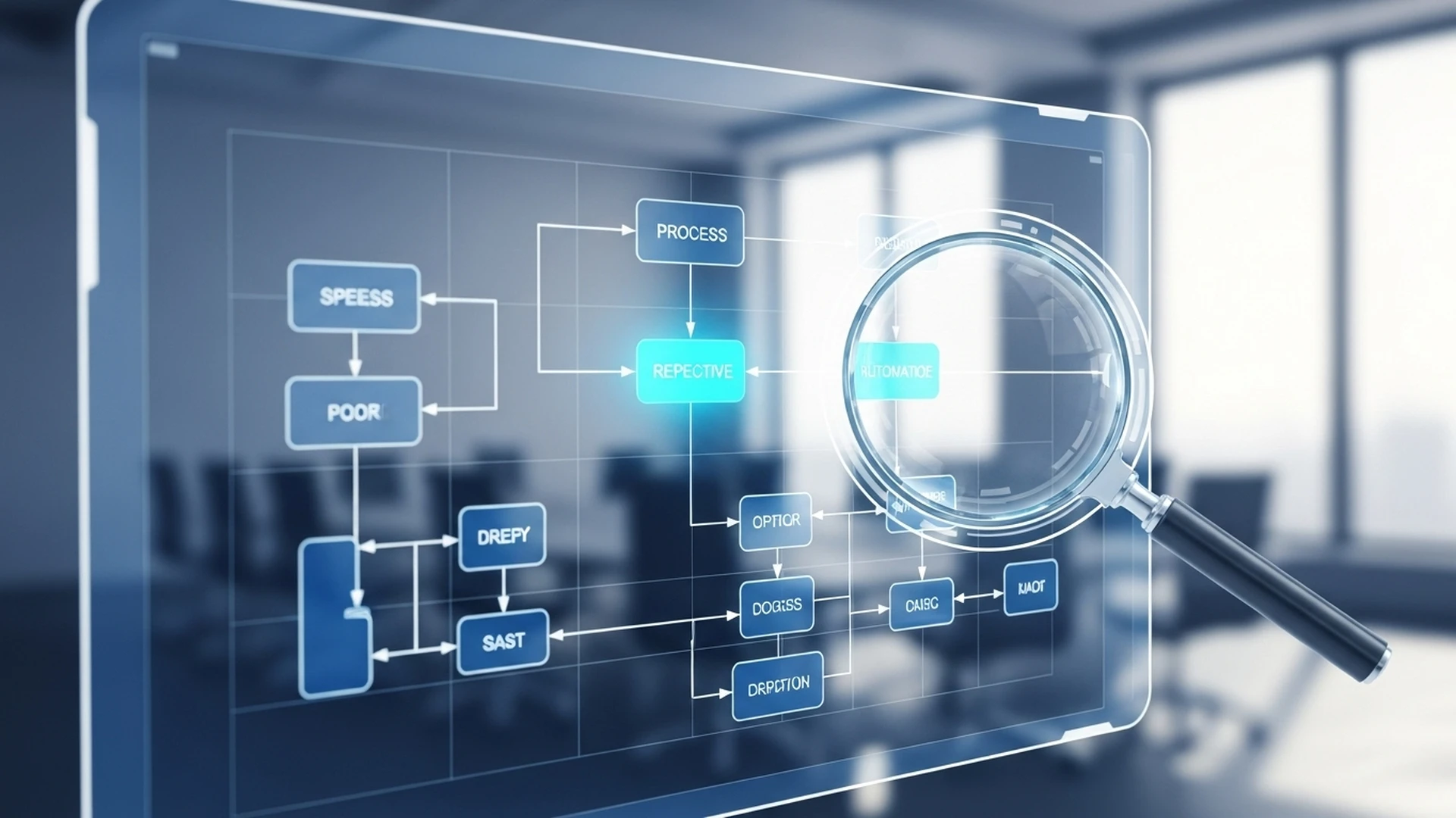Mapa de processos de uma empresa com alguns pontos brilhando, indicando alto potencial para automação.
