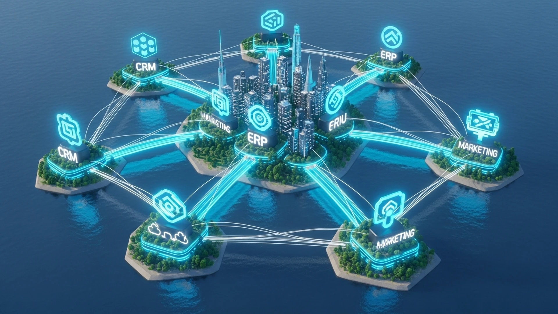 Várias ilhas com logos de softwares (CRM, ERP) sendo conectadas por pontes de luz.