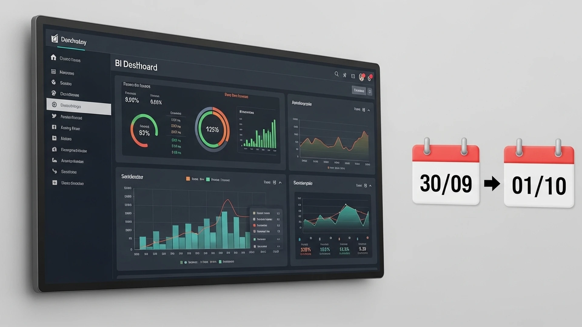 Dashboard de BI se atualizando automaticamente, com um ícone de relógio e setas circulares.