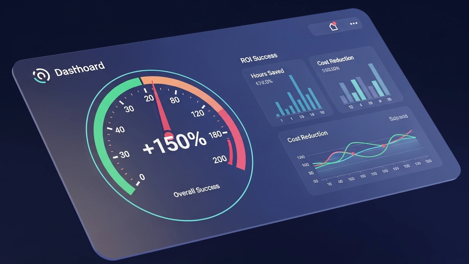 Um dashboard mostrando o cálculo do ROI de um projeto de automação, com um resultado positivo em destaque.