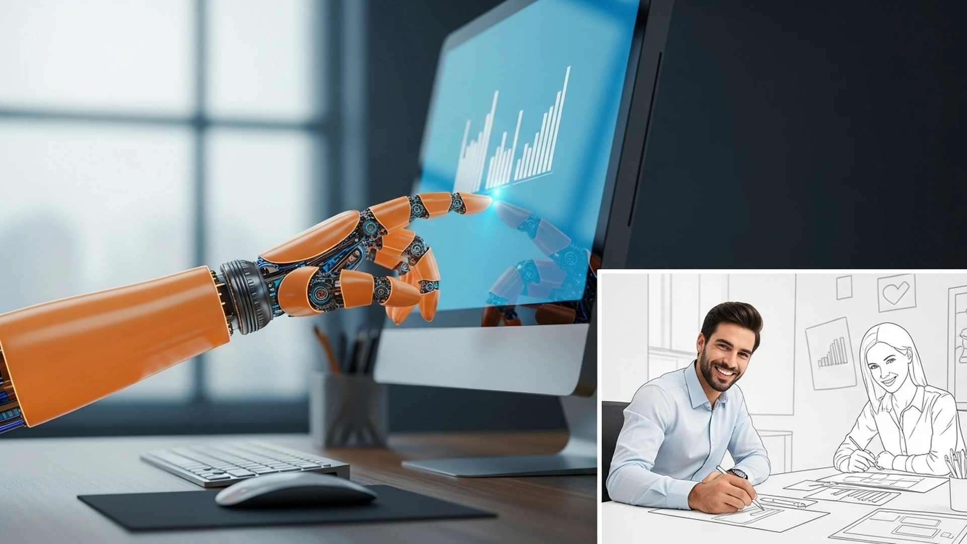 Um robô de software trabalhando em um computador, enquanto um funcionário humano foca em um gráfico estratégico.