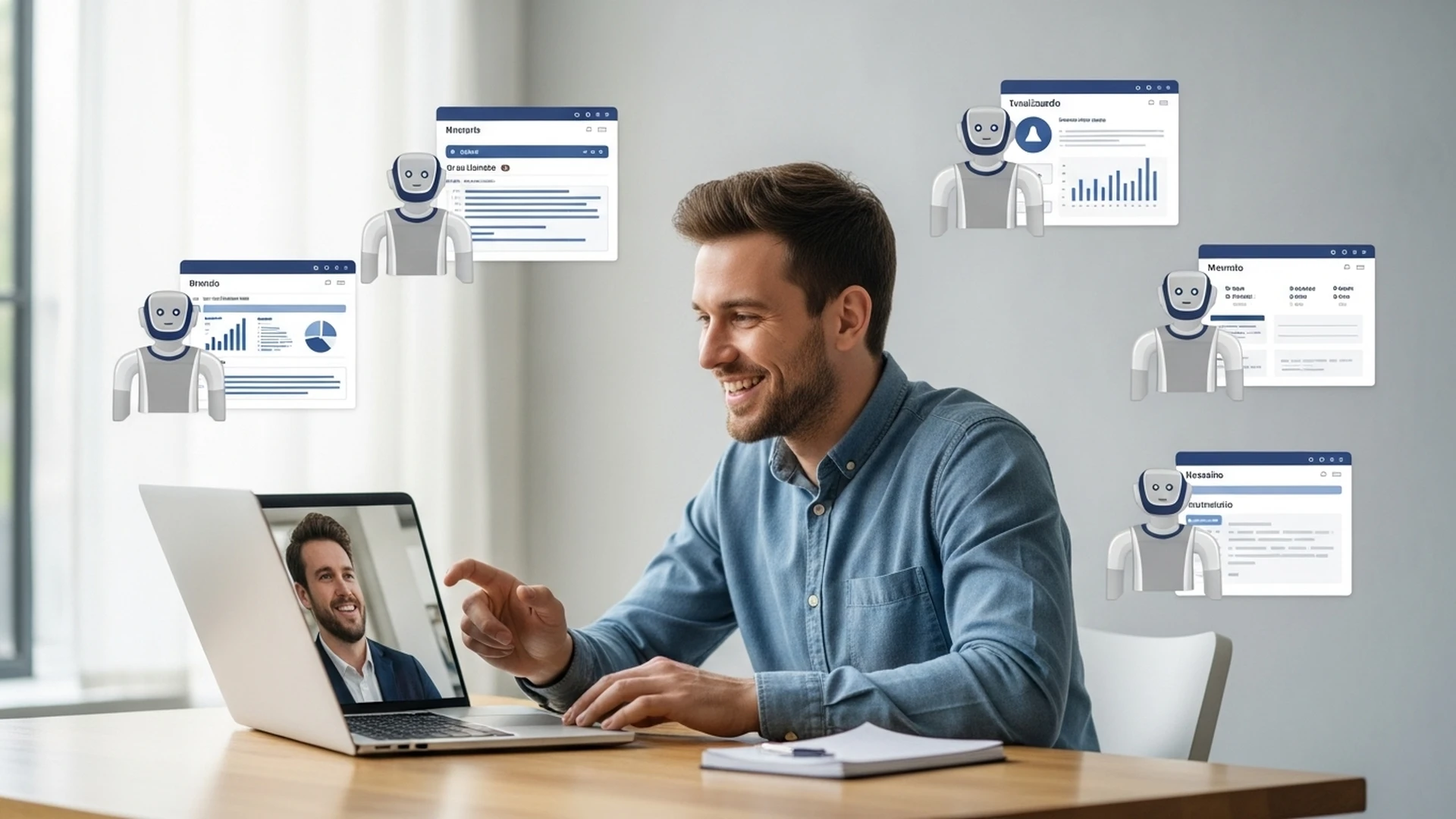 Vendedor focando em um cliente, enquanto tarefas administrativas são automatizadas ao fundo.