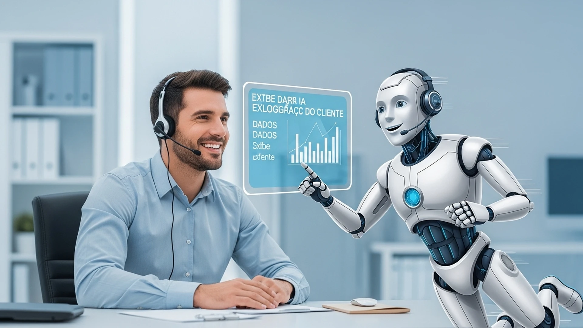 Um atendente humano sorrindo ao lado de um robô amigável, ambos com headsets, trabalhando em equipe para atender clientes.
