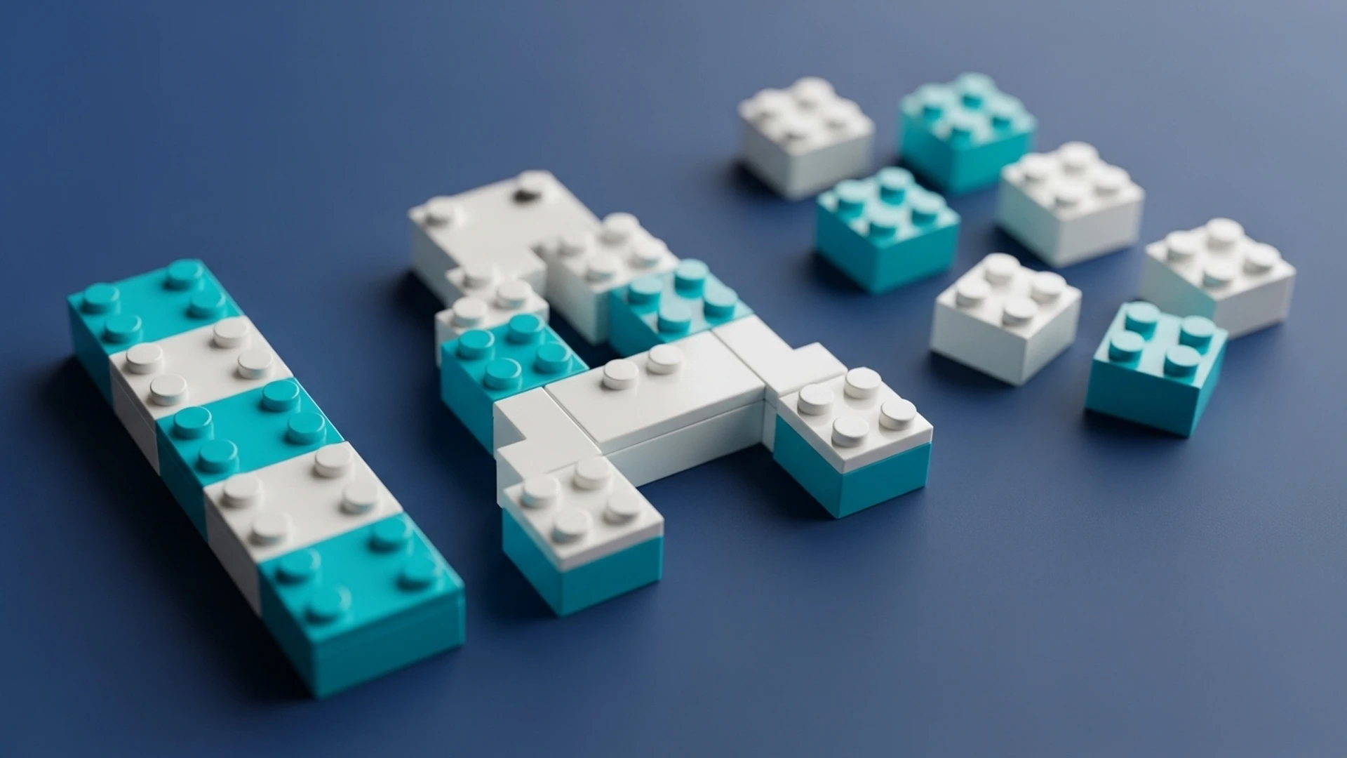 Peças de Lego ou blocos de construção formando a sigla IA, simbolizando a modularidade e acessibilidade da tecnologia.