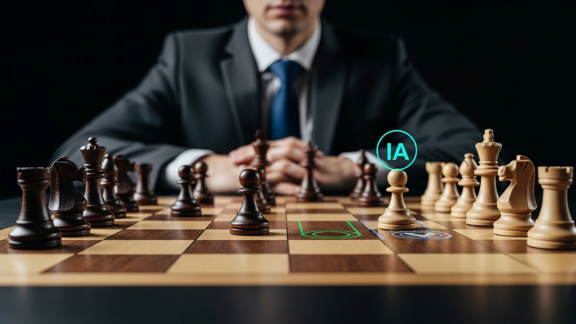 Um gestor olhando para um tabuleiro de xadrez holográfico, onde peças de IA mostram os movimentos mais estratégicos.