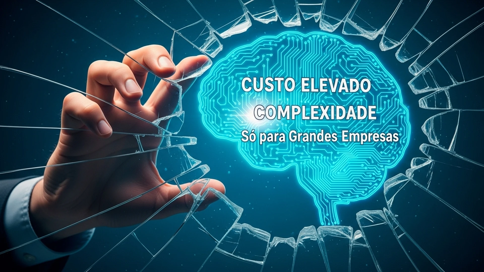 Uma mão quebrando uma barreira de vidro onde estão escritos mitos sobre IA, revelando um cérebro digital brilhante.