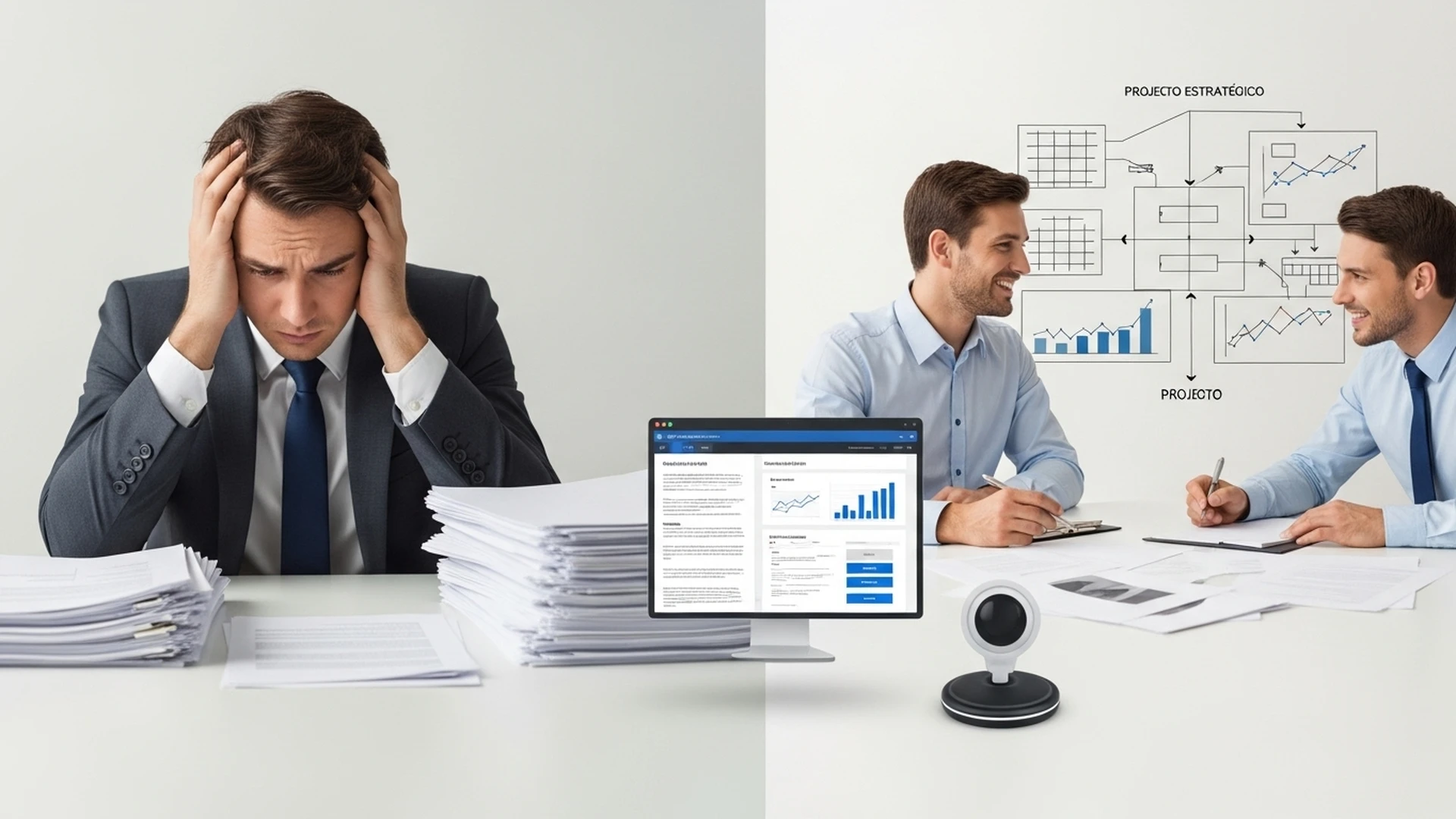 Robô de software organizando pilhas de documentos digitais e inserindo dados em sistemas, liberando um funcionário humano para uma tarefa estratégica.