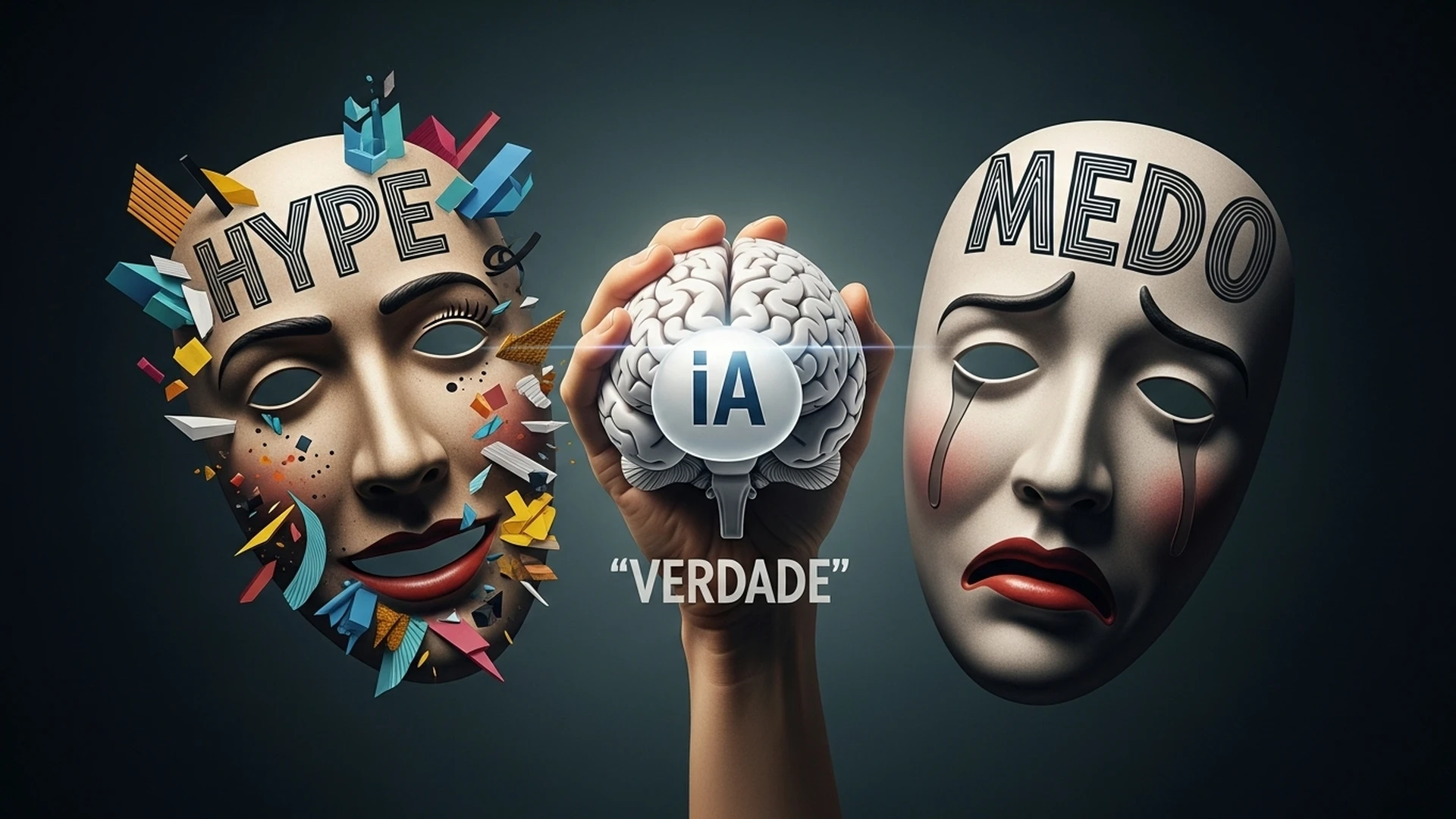Máscaras de teatro (comédia e tragédia) com circuitos de IA, representando os dois lados da percepção sobre a IA Generativa.