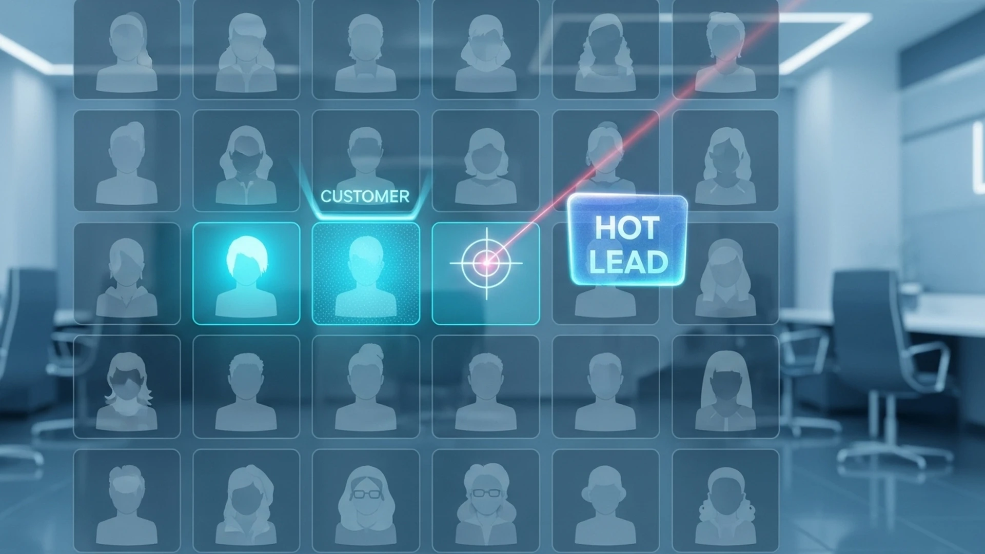 Um painel mostrando vários perfis de clientes, com alguns destacados em ciano brilhante como 'leads quentes'.