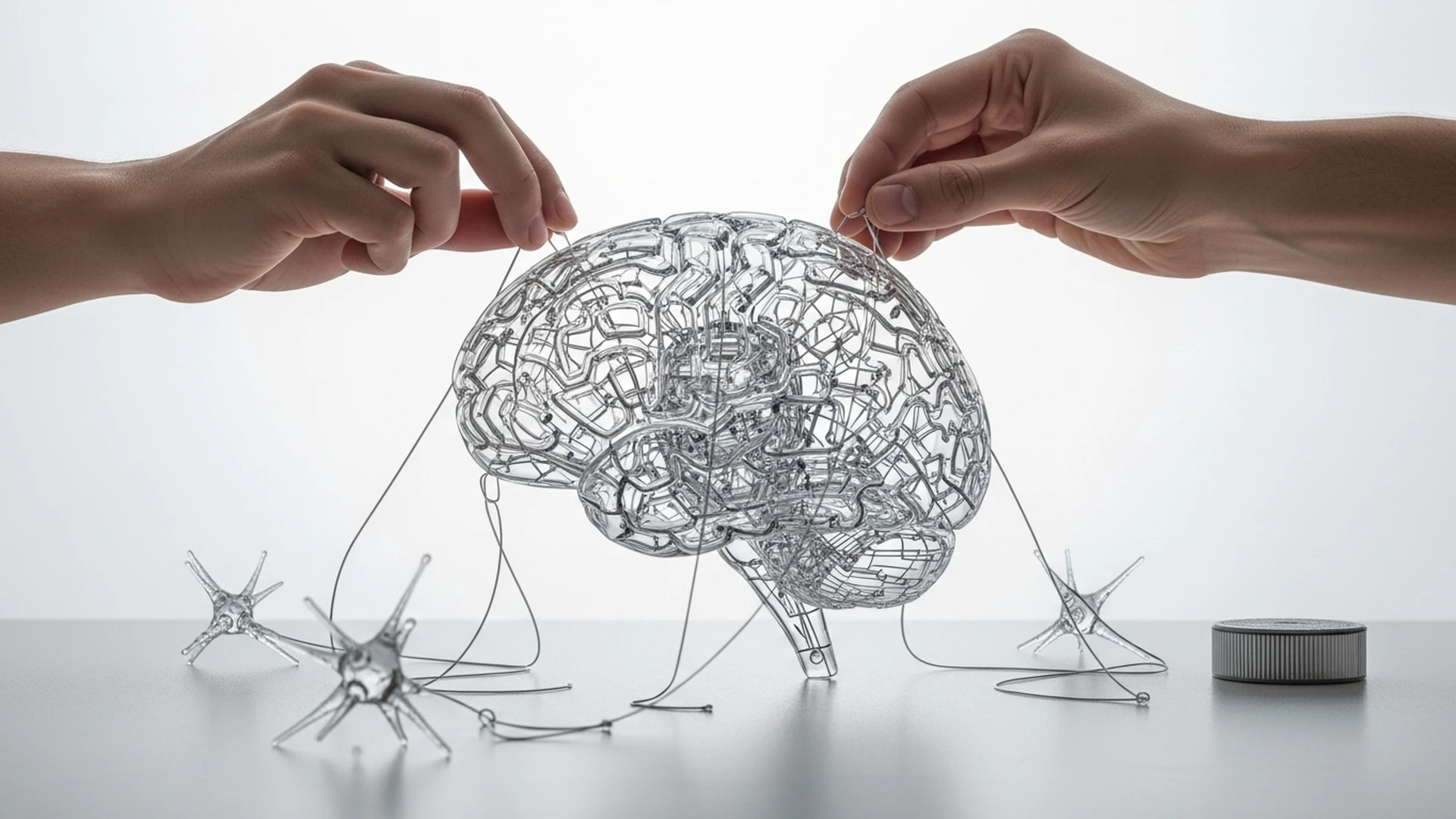 Um cérebro de IA sendo cuidadosamente construído por mãos humanas usando peças transparentes, simbolizando a transparência e o cuidado na criação de algoritmos.