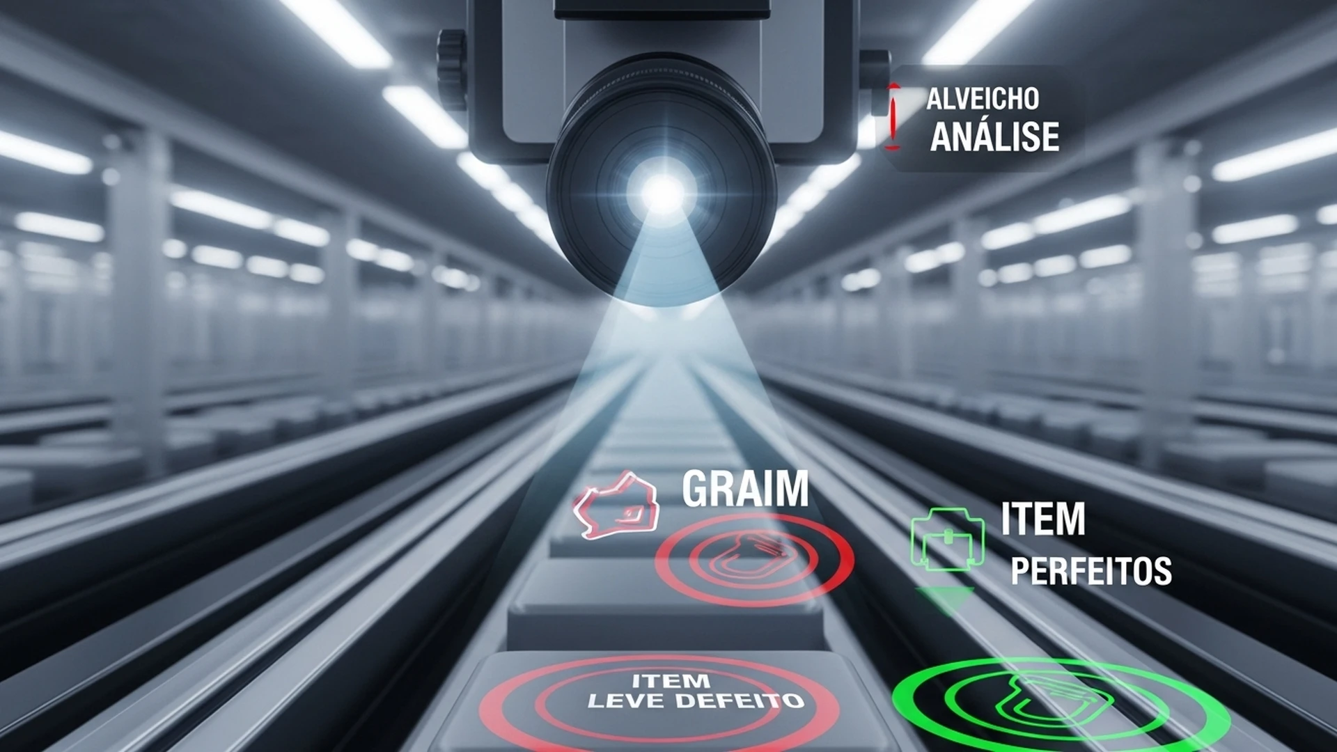 Um olho robótico de alta tecnologia analisando uma esteira de produção e identificando produtos com precisão.