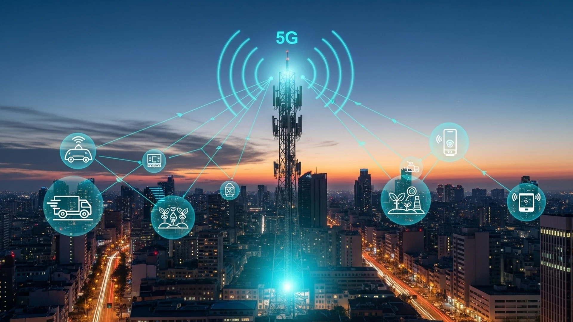 Antena 5G emitindo sinais que conectam diversos dispositivos IoT em uma cidade inteligente.