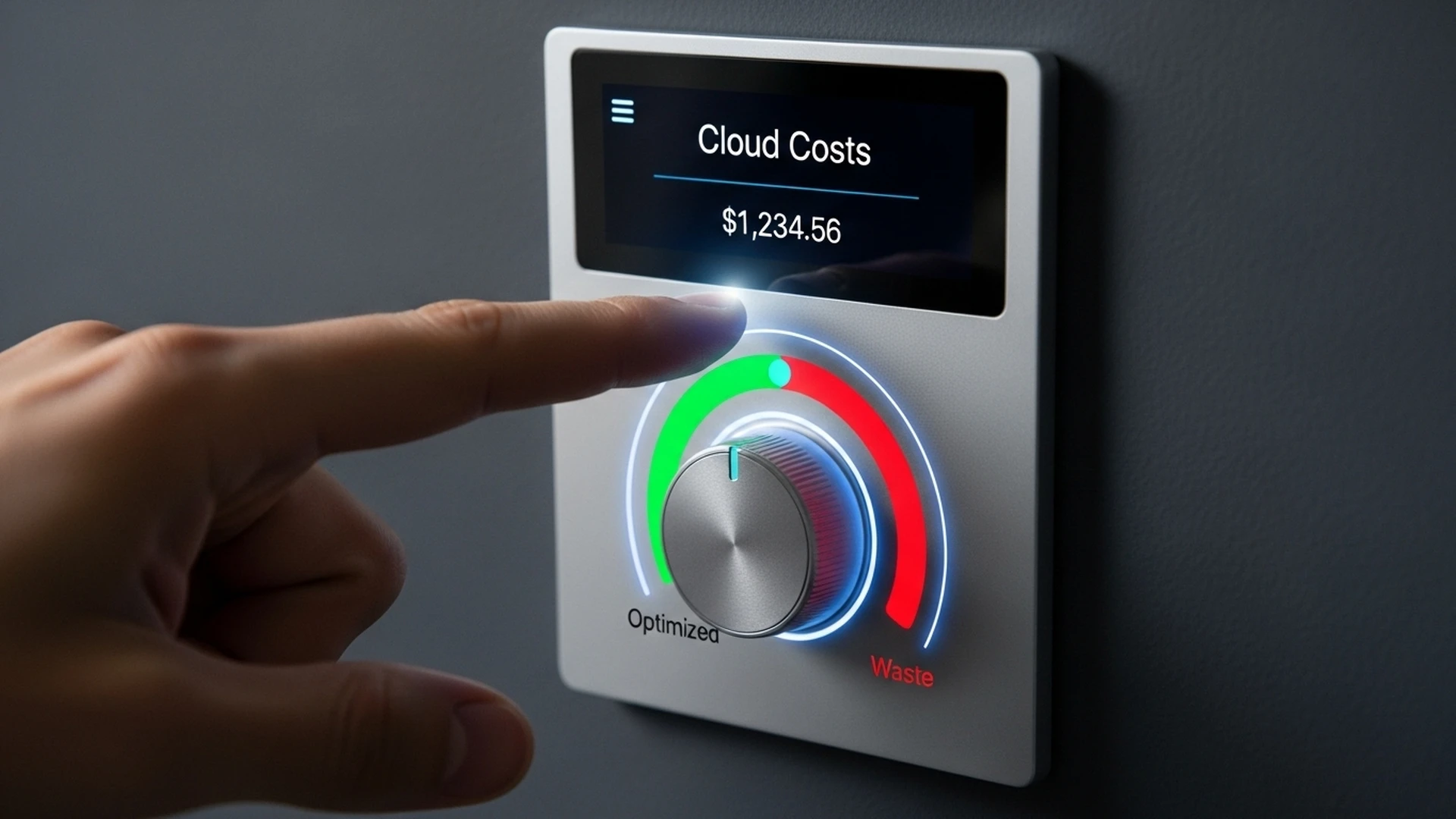 Mão ajustando um termostato digital de custos da nuvem, otimizando os gastos.