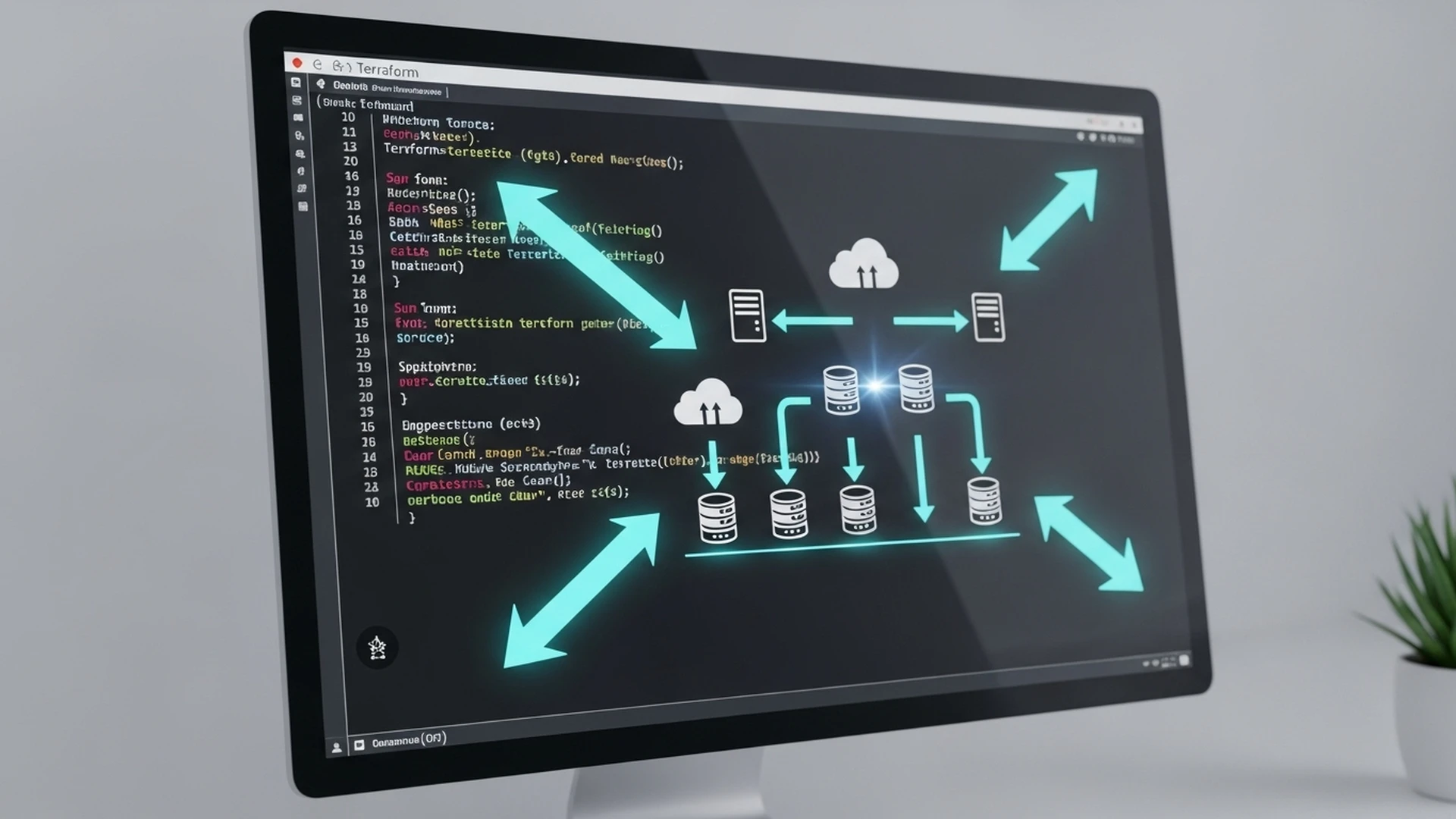 Código em uma tela construindo automaticamente uma infraestrutura de nuvem organizada.