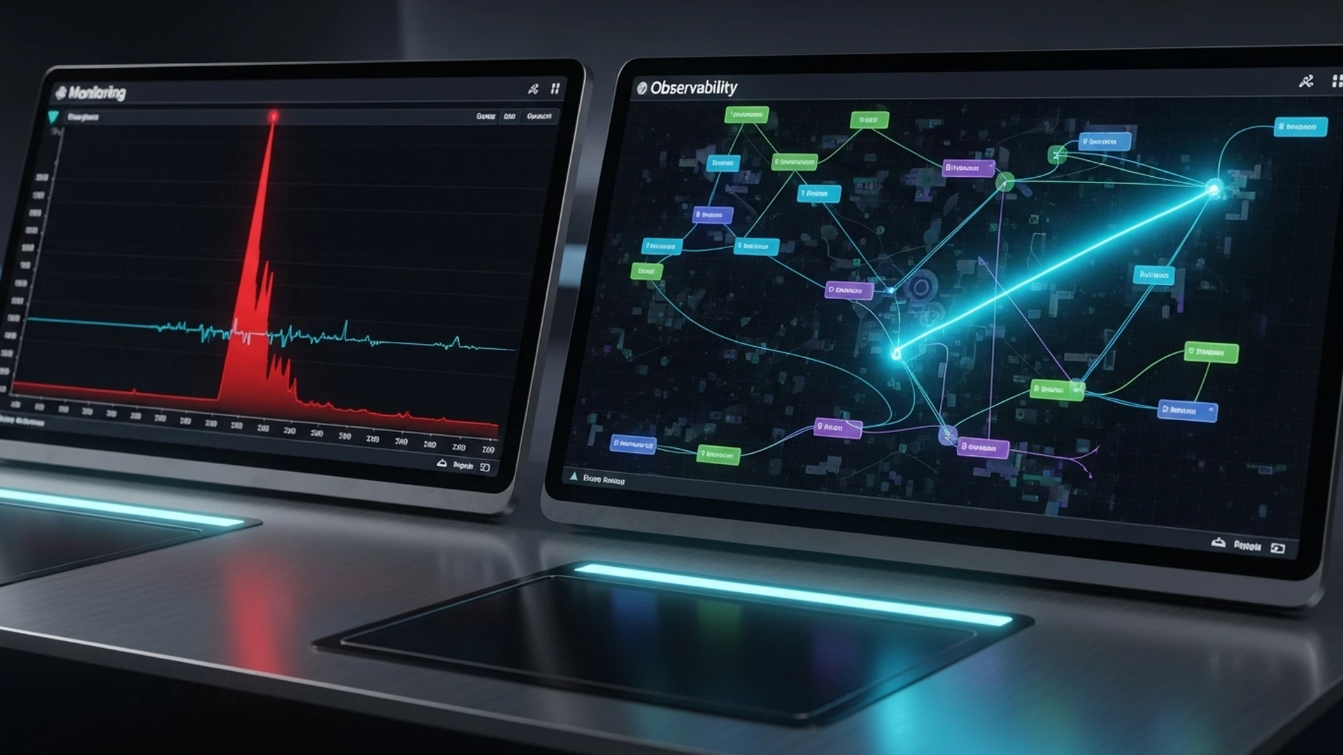 Dashboard de observabilidade mostrando a causa raiz de um problema em um sistema complexo.