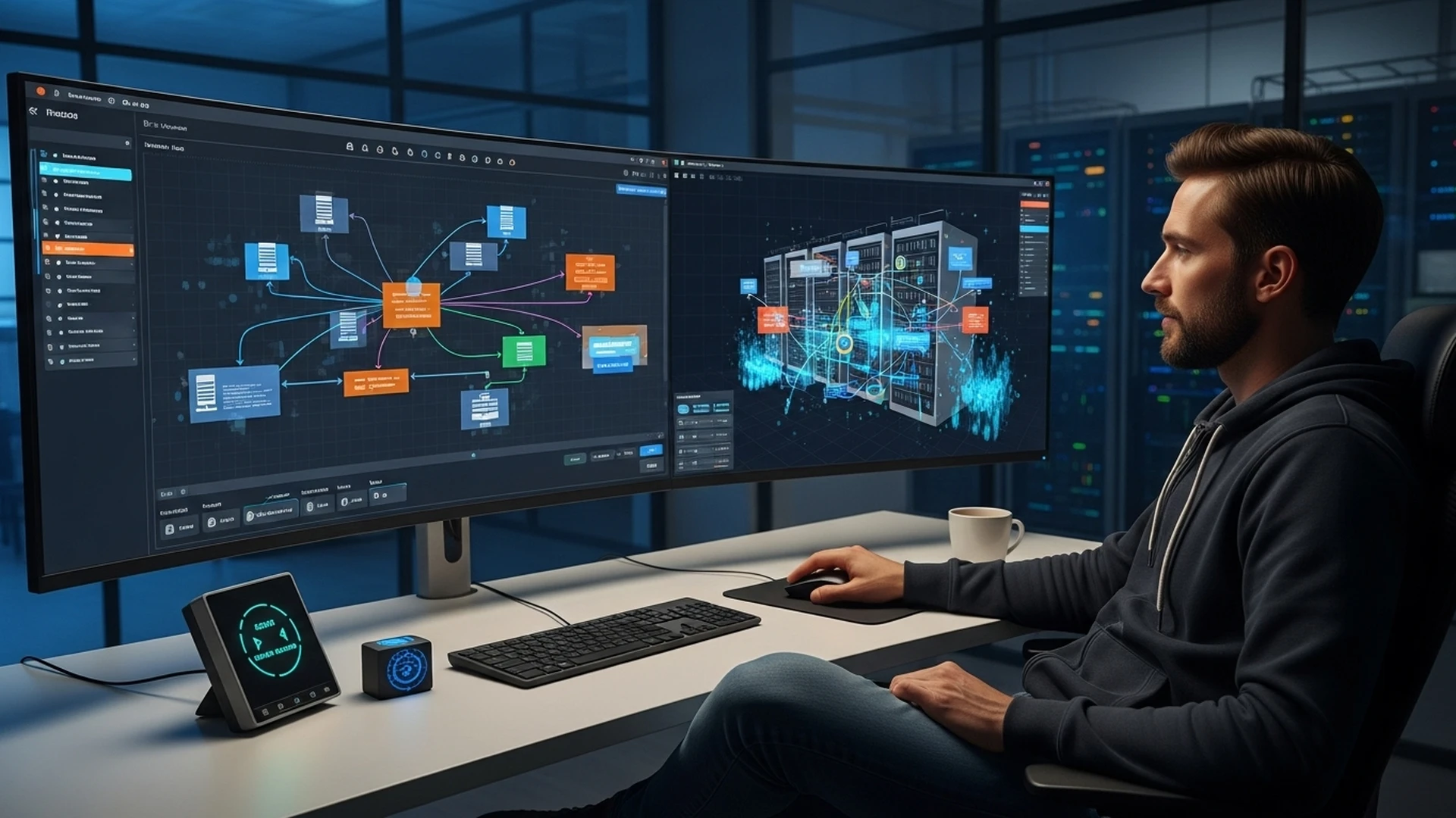 Administrador de rede a gerir uma rede complexa a partir de um único dashboard de software.