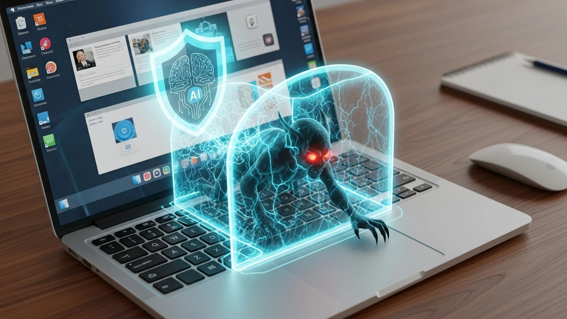 Um laptop sendo protegido por uma solução de EDR que deteta e neutraliza uma ameaça.