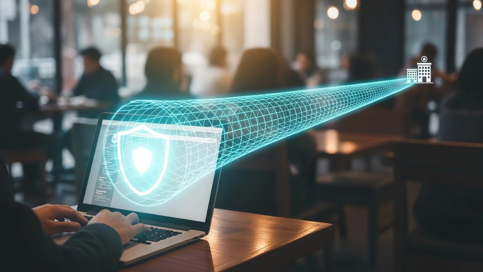 Funcionário trabalhando remotamente com seu notebook, conectado à rede do escritório através de um túnel de VPN seguro.