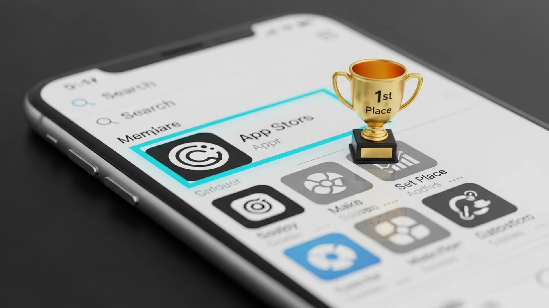 Celular mostrando um aplicativo em primeiro lugar nos resultados de busca da app store.
