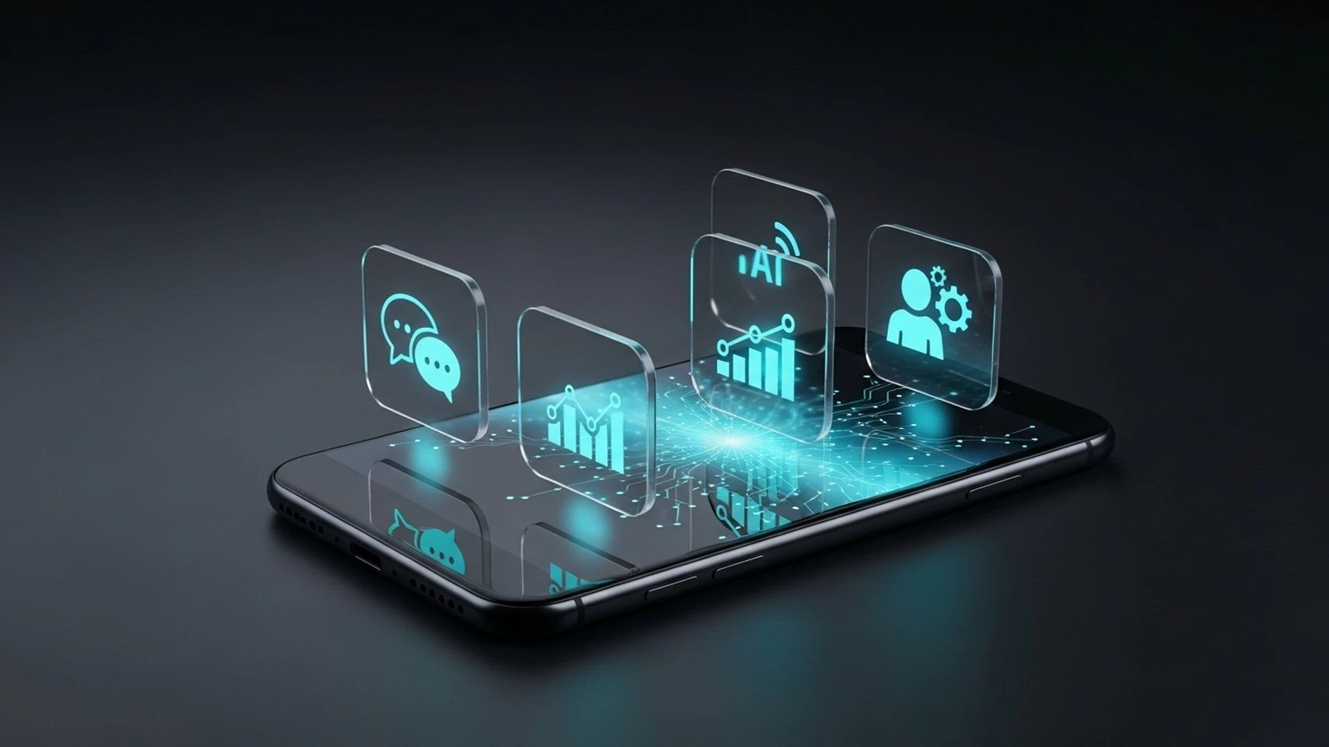 Smartphone com ícones de IA (chatbot, personalização, análise) emergindo da tela.