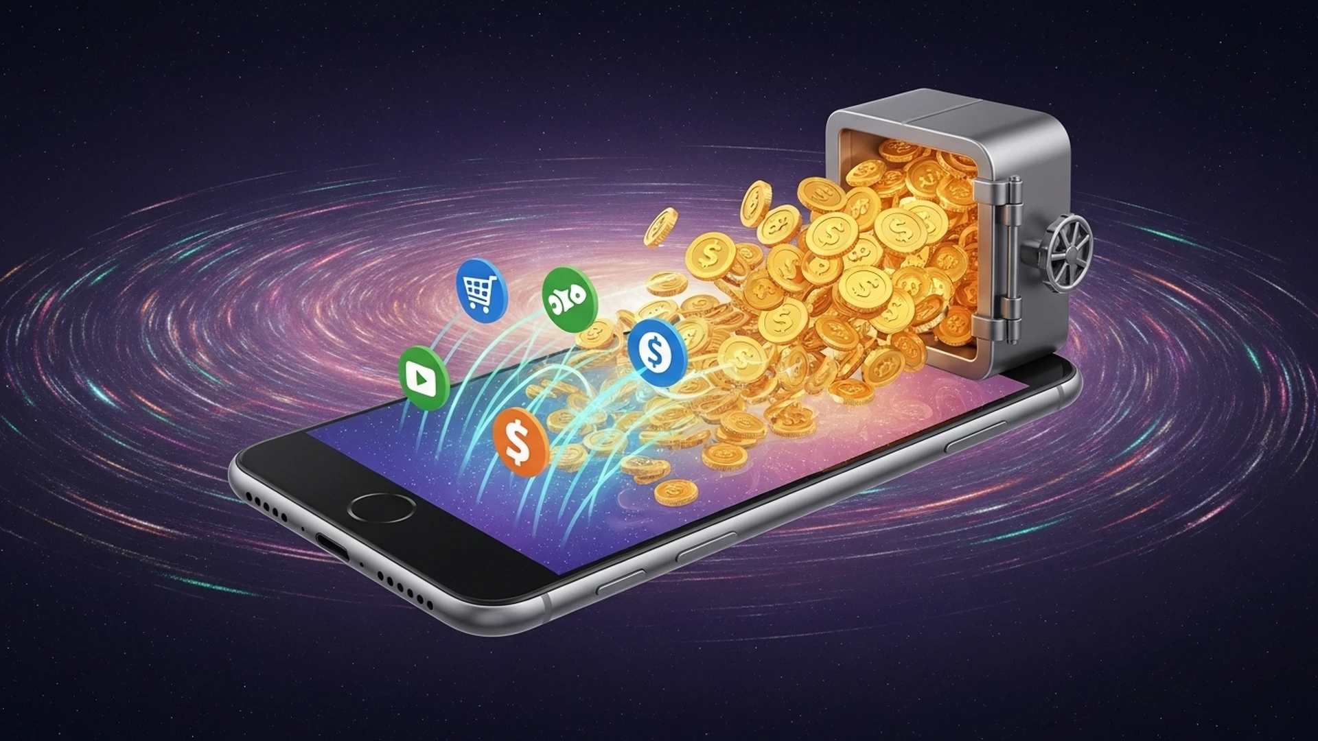 Um aplicativo em um smartphone se transformando em um cofre que gera receita.
