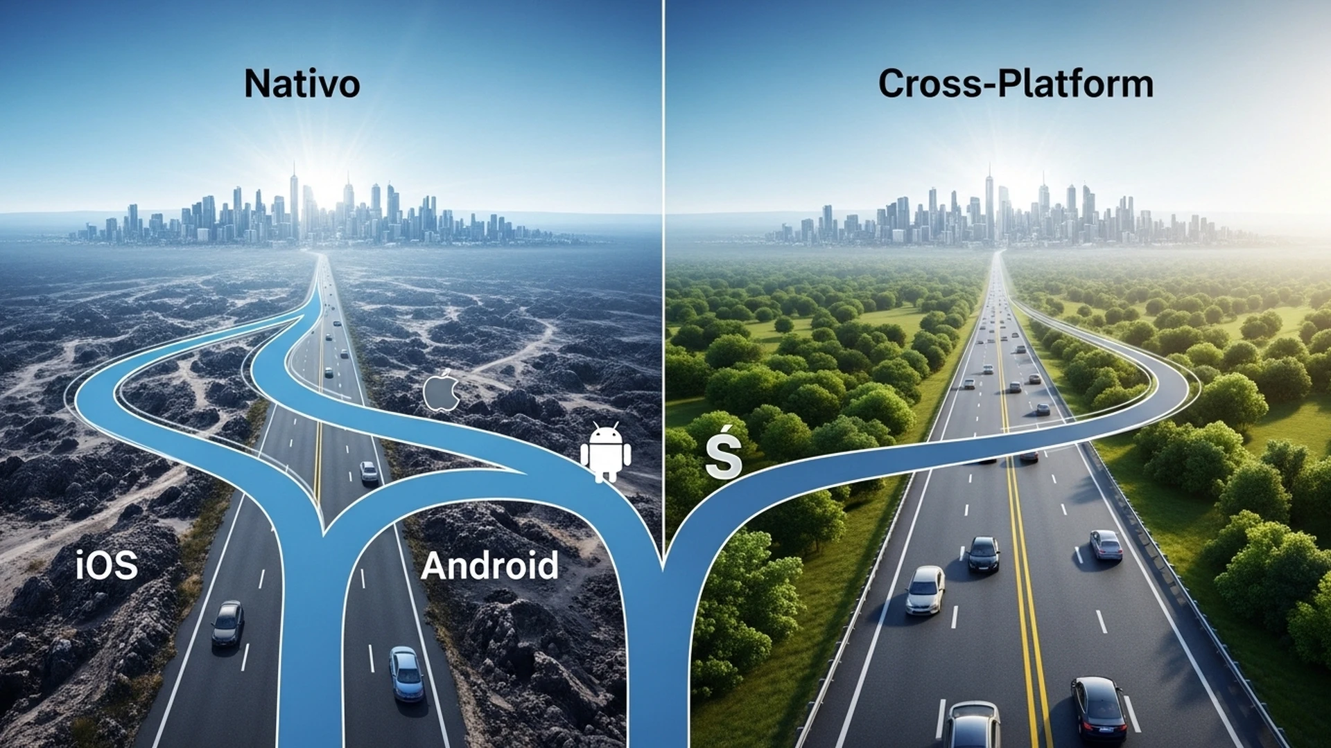 Bifurcação mostrando um caminho para Desenvolvimento Nativo e outro para Cross-Platform.