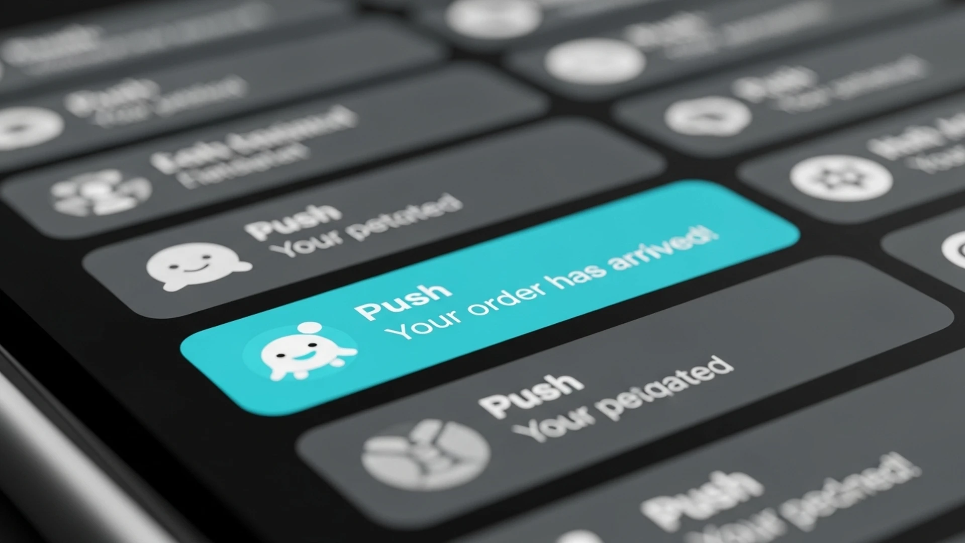 Smartphone recebendo uma única notificação push personalizada e brilhante, se destacando de outras genéricas.