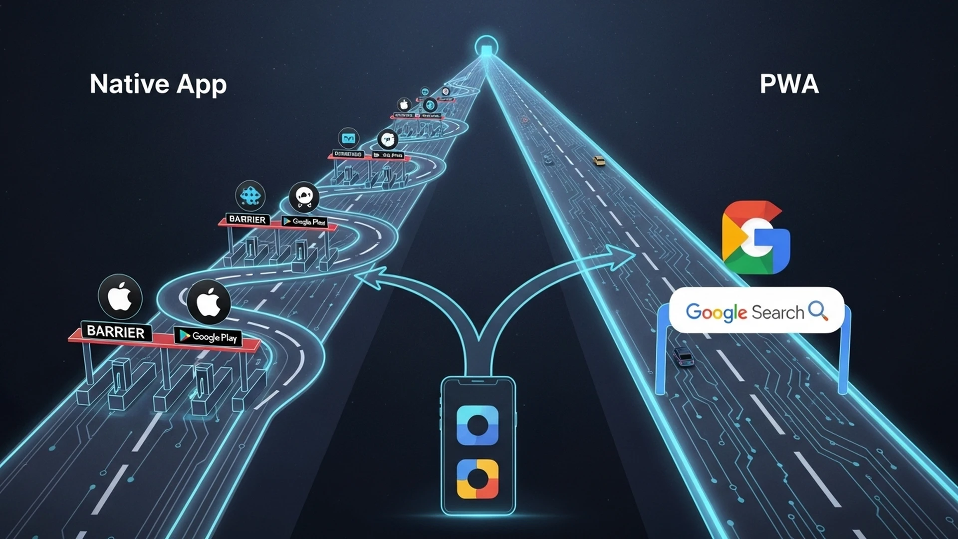 Uma encruzilhada mostrando um caminho para 'App Nativo' e outro para 'PWA'.