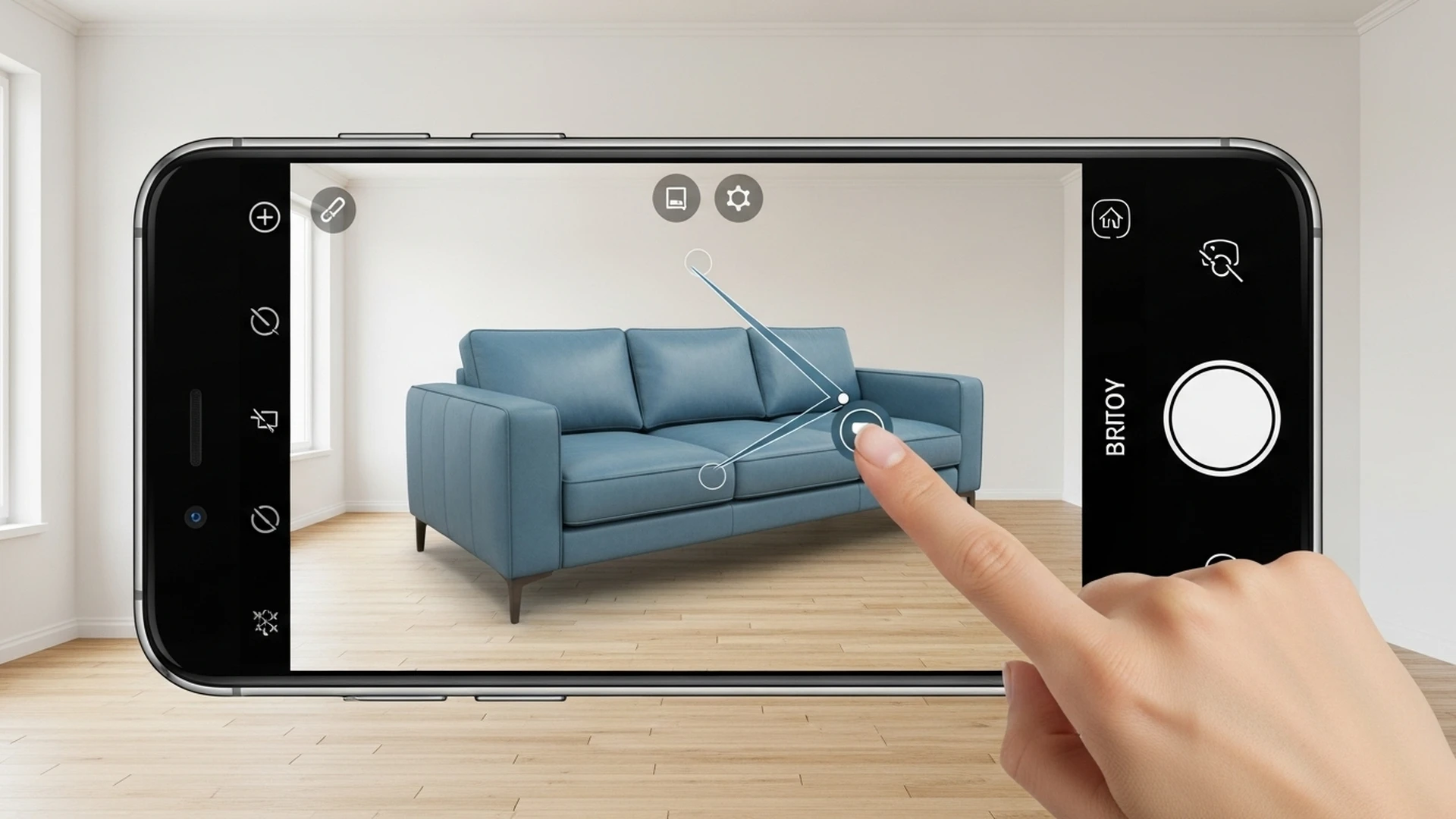 Pessoa usando um smartphone para visualizar um sofá em 3D em sua própria sala de estar.