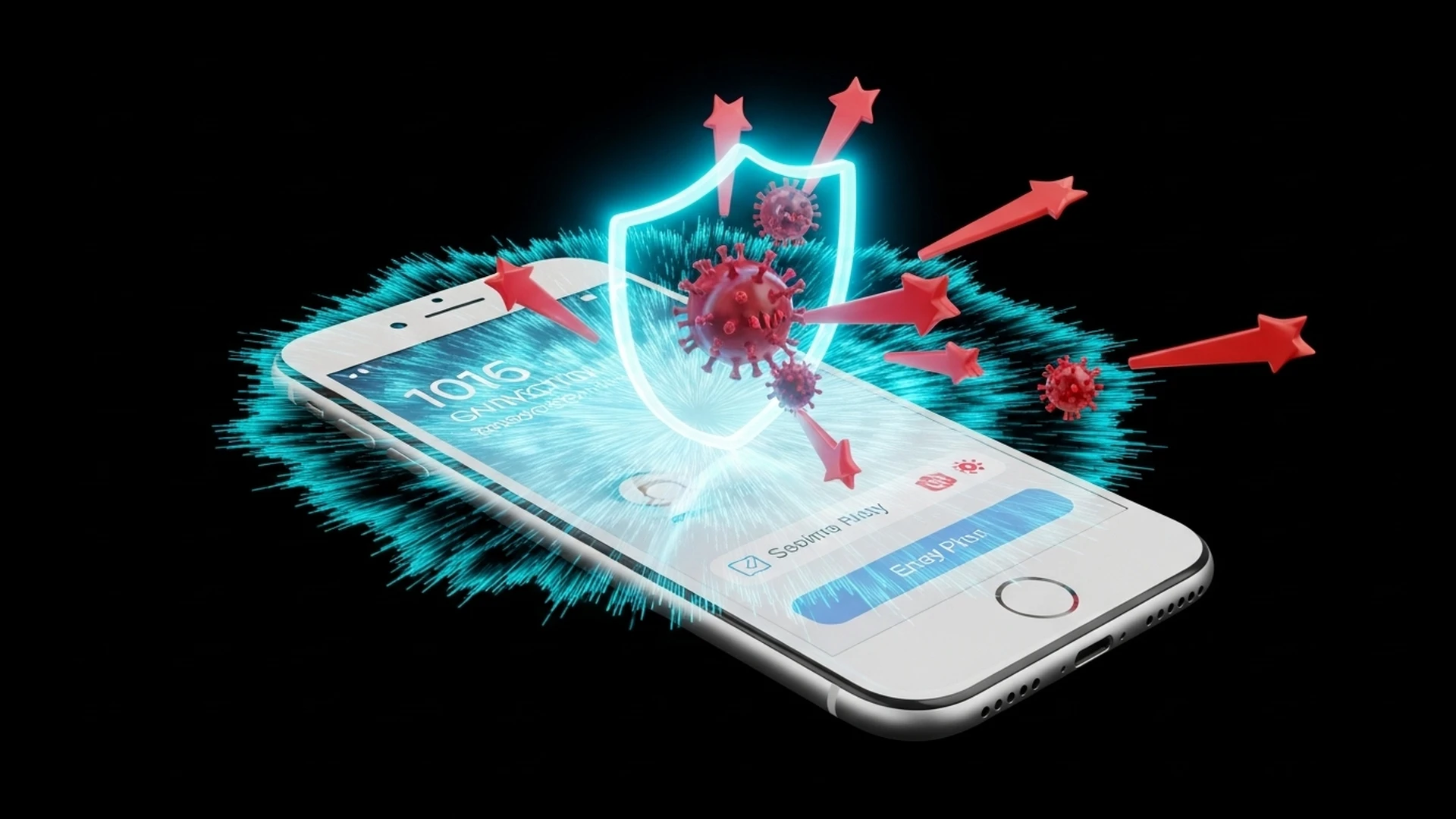 Aplicativo em um smartphone sendo protegido por um escudo digital contra ameaças.