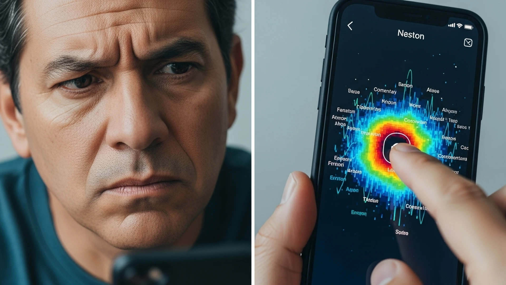 Pessoa com expressão de frustração olhando para um celular, com um mapa de calor mostrando seus cliques confusos na tela.