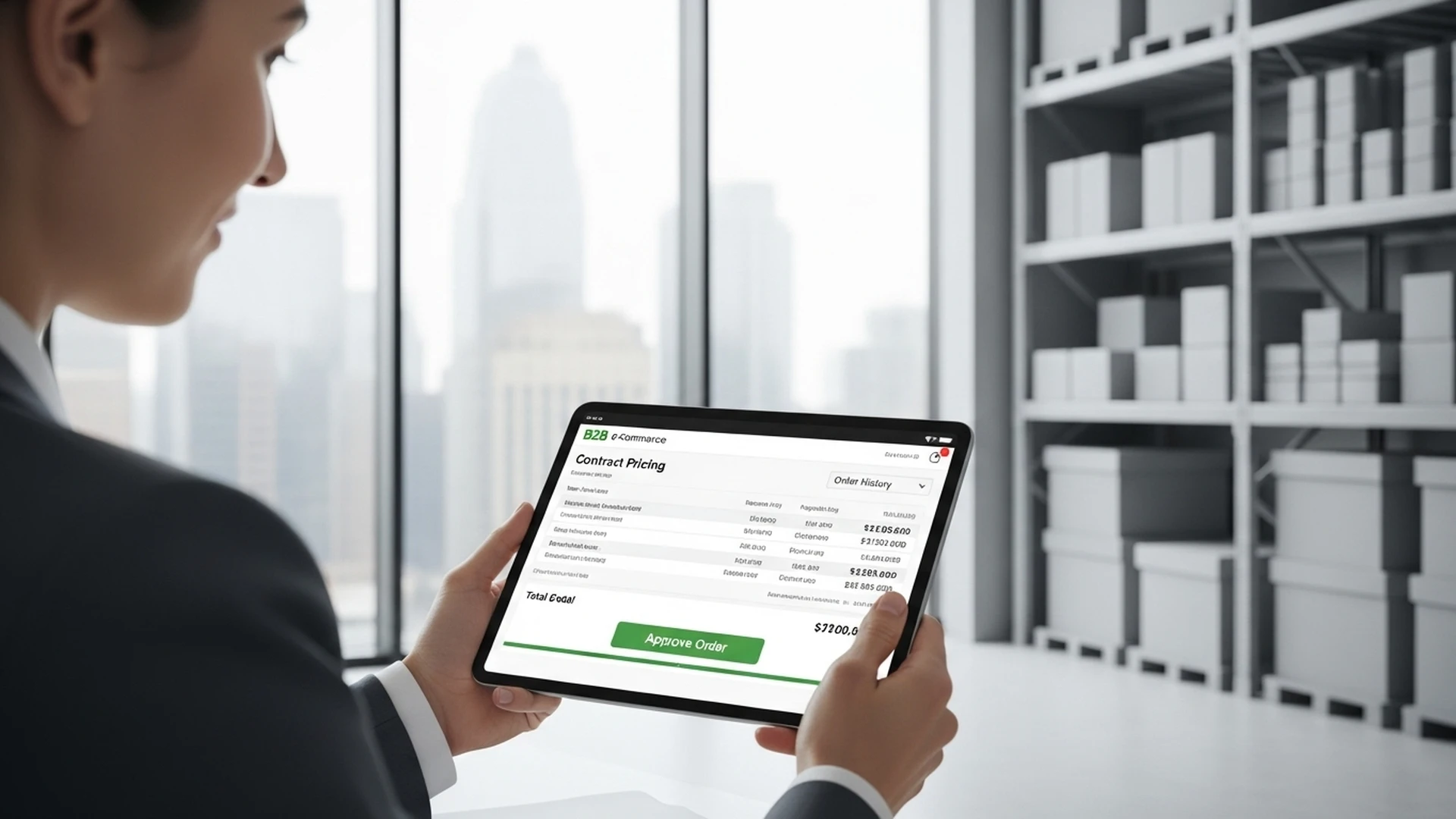 Gestor a fazer uma compra corporativa num tablet, com uma interface de e-commerce B2B limpa e eficiente.