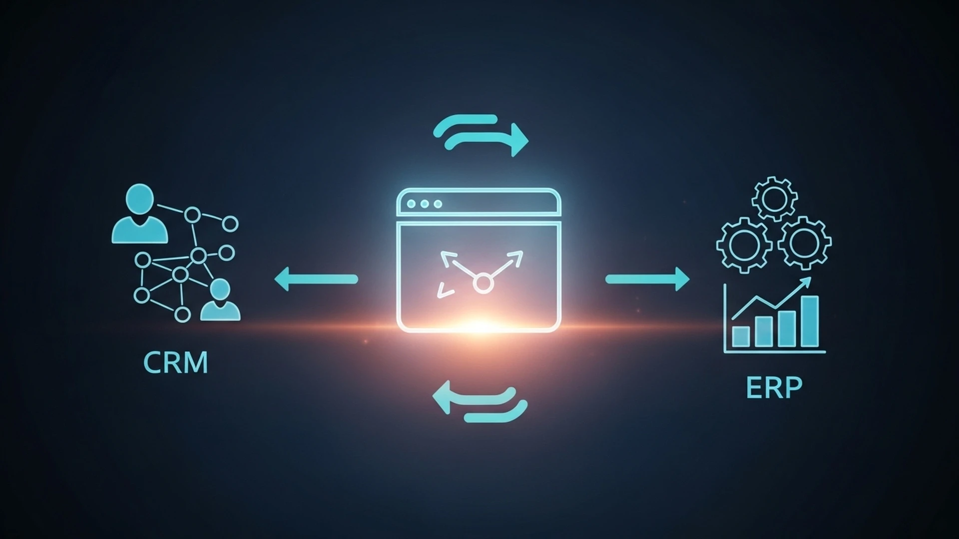 Um website a trocar dados em tempo real com ícones de ERP e CRM, formando um ecossistema conectado.