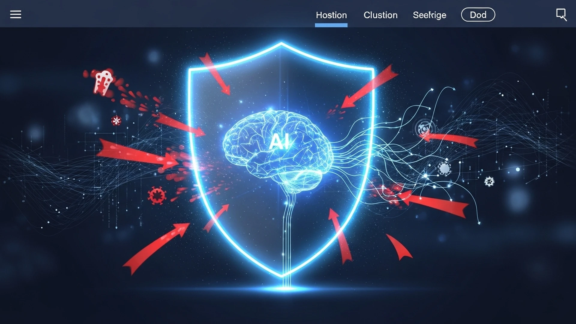 Um website protegido por um escudo de energia inteligente que deteta e neutraliza ameaças digitais.