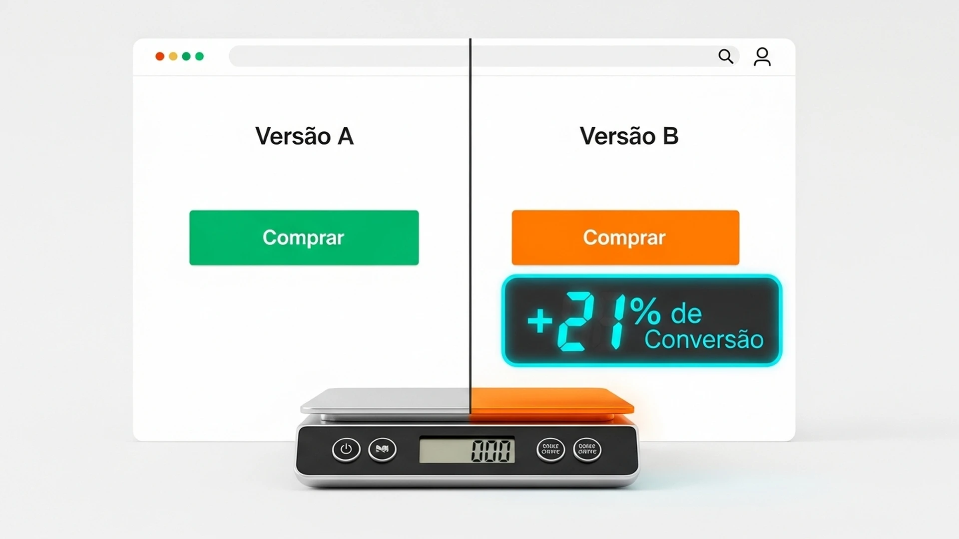 Página de site dividida em duas versões, A e B, com uma balança a mostrar qual tem melhor desempenho.