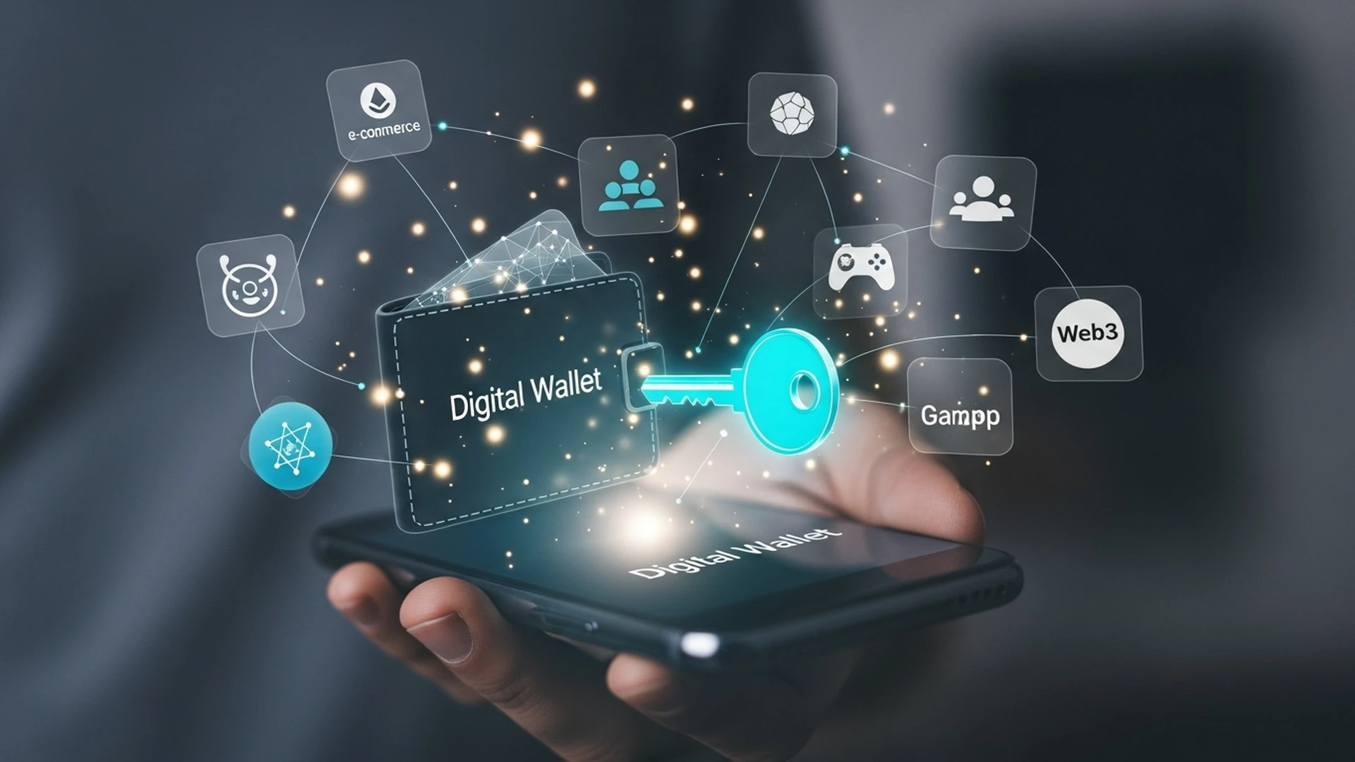Utilizador a usar a sua carteira digital para aceder a serviços, simbolizando a propriedade de dados na Web3.