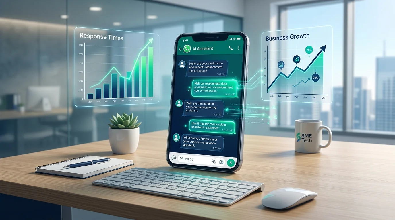 Mesa de trabalho moderna com smartphone exibindo interface de assistente inteligente no WhatsApp com graficos holograficos de crescimento e tempo de resposta