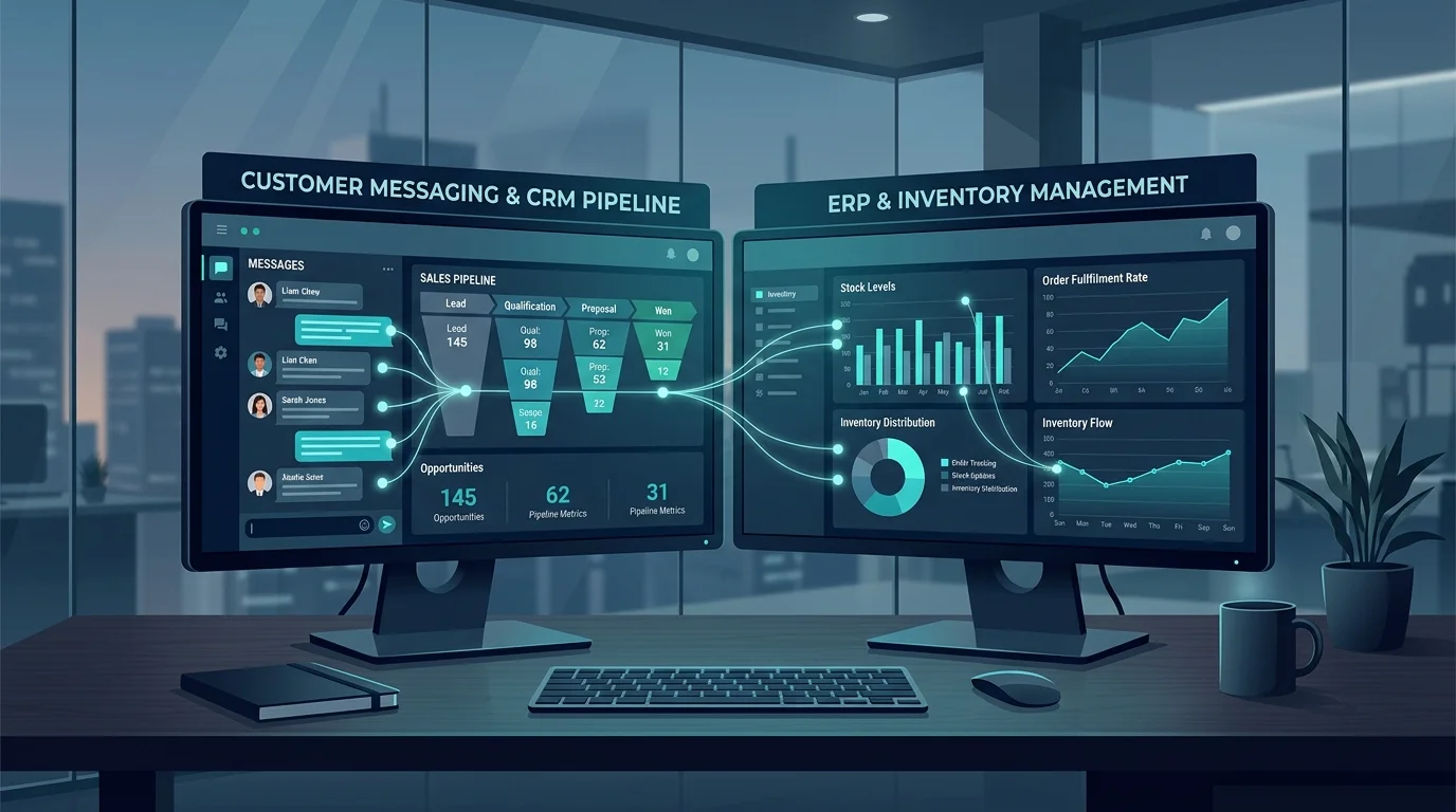 Painel integrado de gestao exibindo fluxo automatizado entre canal de mensagens, dados de clientes no CRM e estoque no ERP