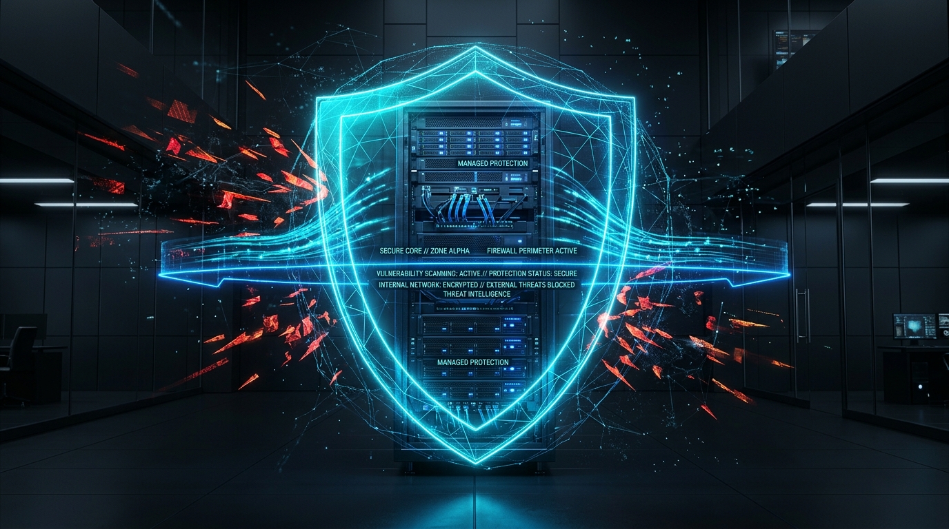 Escudo digital holografico azul e ciano protegendo servidor e conexoes de rede contra vulnerabilidades externas da internet